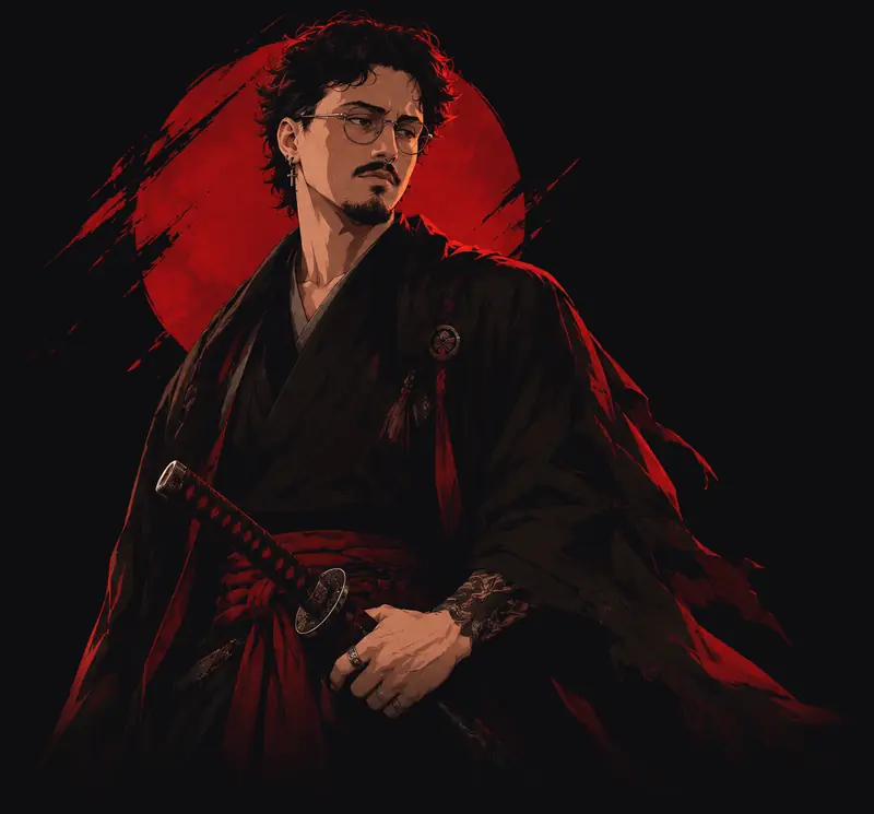 Illustration of a ronin in a black kimono and red sash, one hand on his katana, in front of a red sun.