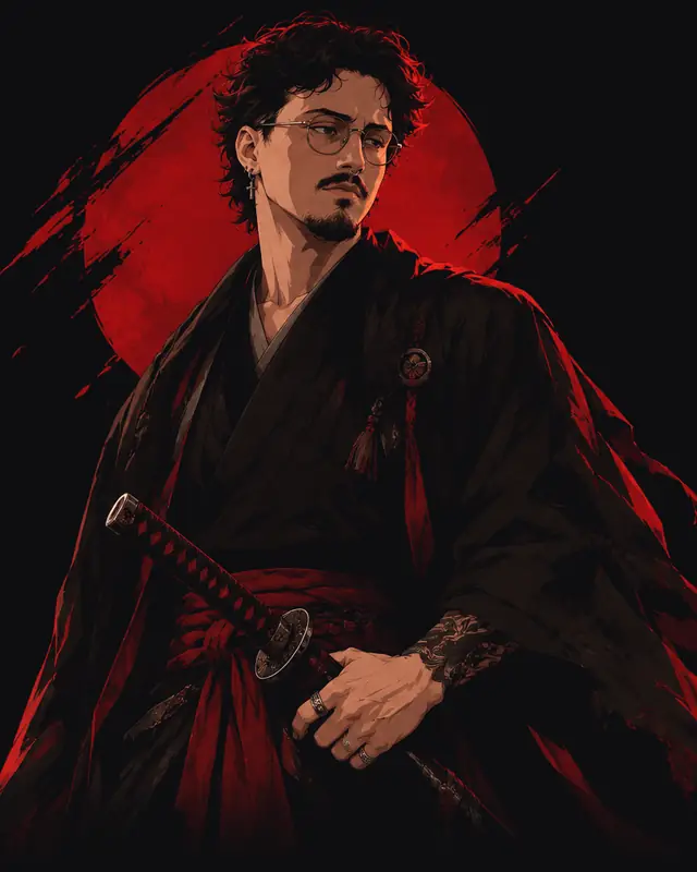 Illustrated portrait of a ronin with glasses and a beard, in a black kimono and red sash, one hand on his katana.